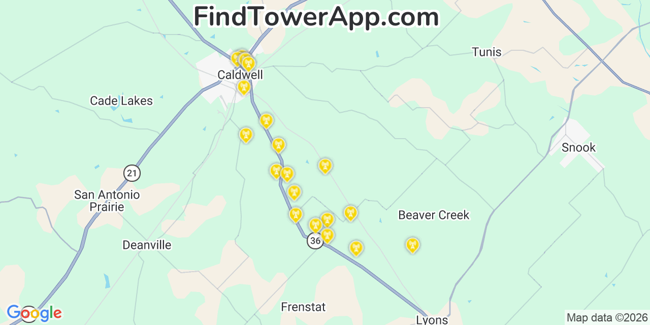 Map showing the 20 primary cell tower locations detected in Burleson, Texas from AT&T, Verizon, and T-Mobile networks