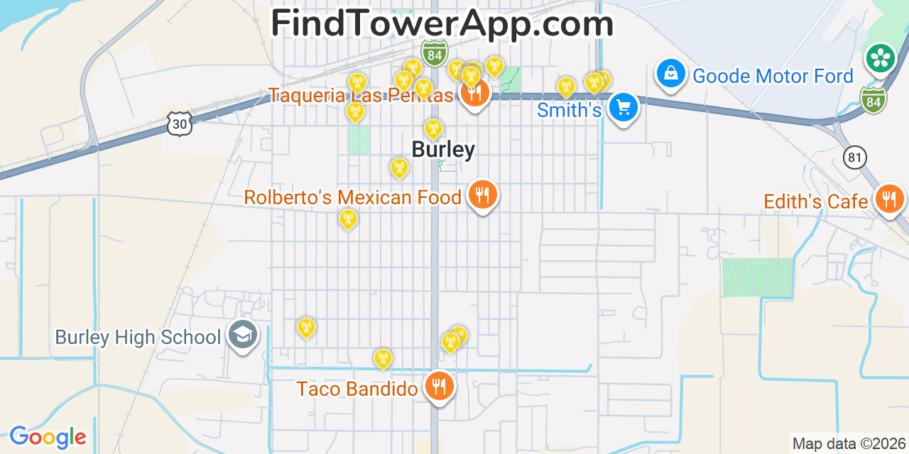 Map showing the 20 primary cell tower locations detected in Burley, Idaho from AT&T, Verizon, and T-Mobile networks
