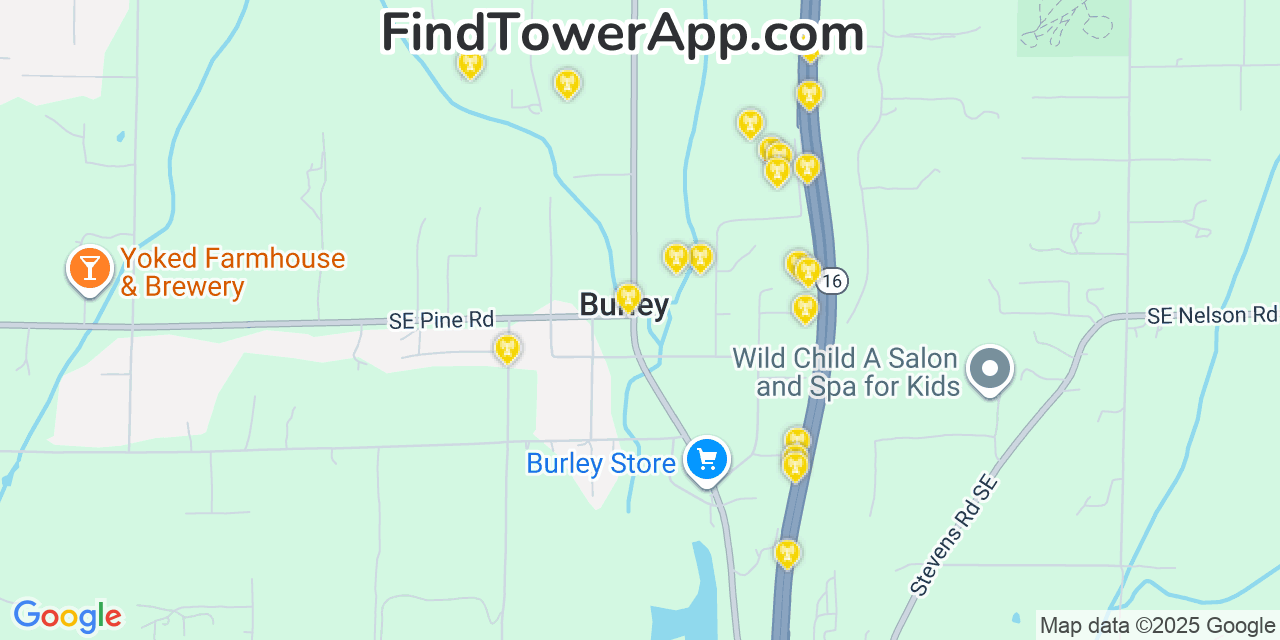 Map showing the 20 primary cell tower locations detected in Burley, Washington from AT&T, Verizon, and T-Mobile networks
