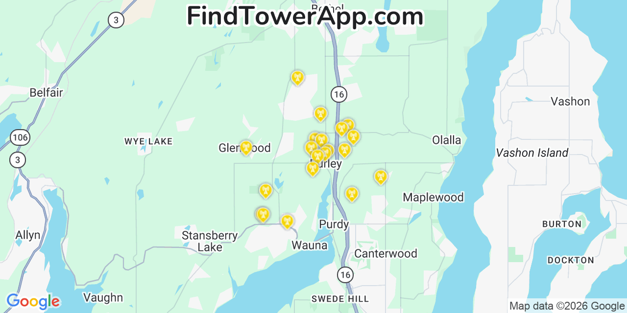 Map showing the 20 primary cell tower locations detected in Burley, Washington from AT&T, Verizon, and T-Mobile networks