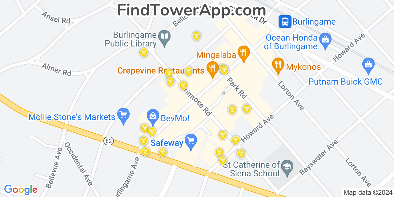 AT&T 4G/5G cell tower coverage map Burlingame, California