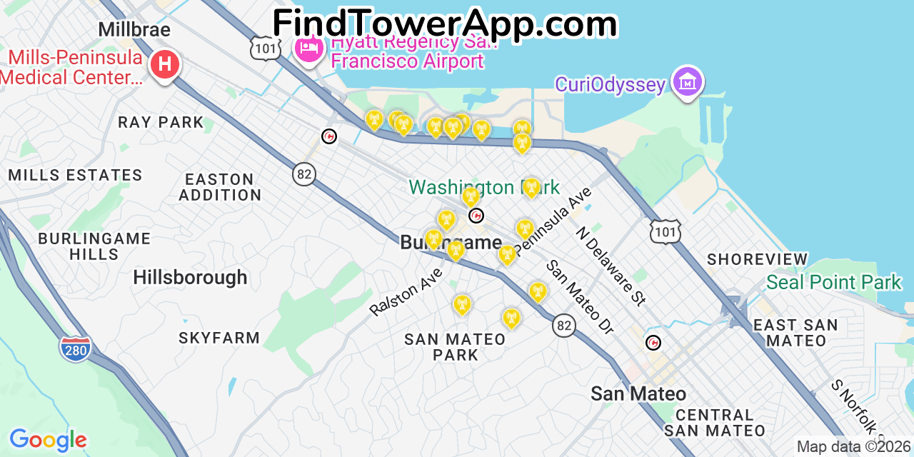 Map showing the 20 primary cell tower locations detected in Burlingame, California from AT&T, Verizon, and T-Mobile networks