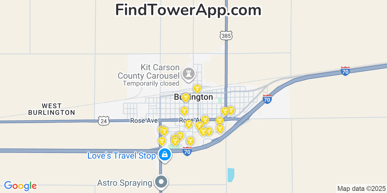 Map showing the 20 primary cell tower locations detected in Burlington, Colorado from AT&T, Verizon, and T-Mobile networks