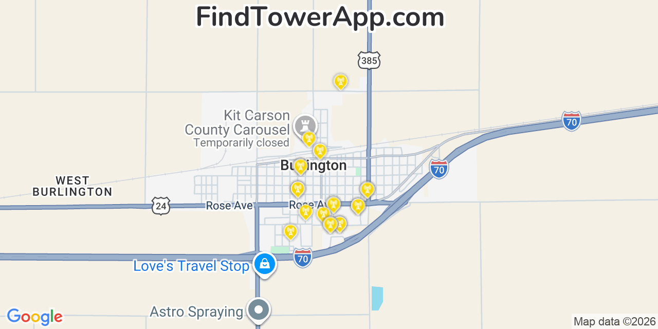 Map showing the 20 primary cell tower locations detected in Burlington, Colorado from AT&T, Verizon, and T-Mobile networks