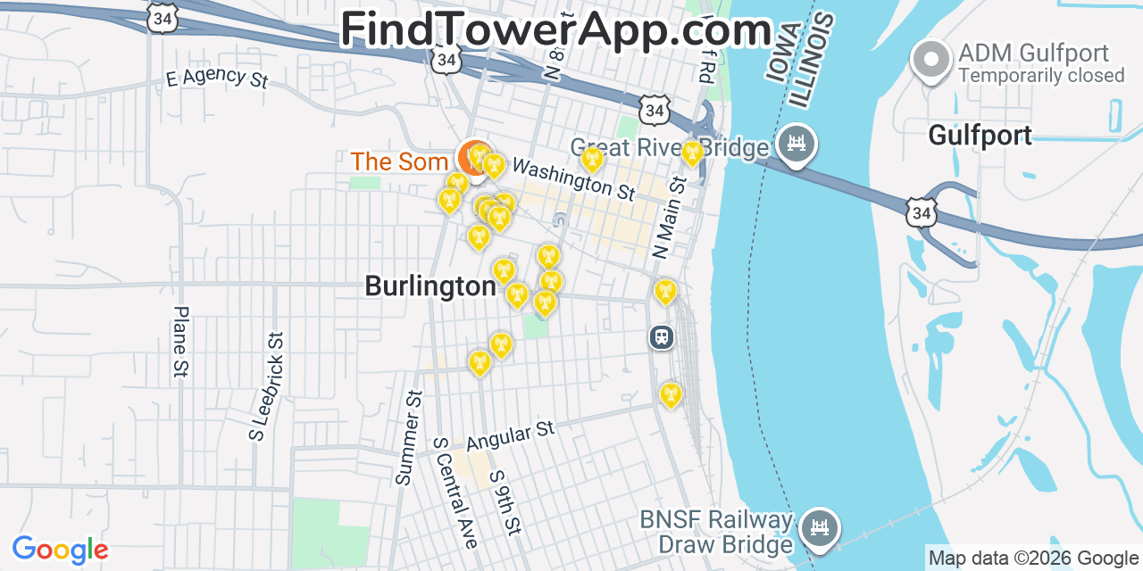 Map showing the 20 primary cell tower locations detected in Burlington, Iowa from AT&T, Verizon, and T-Mobile networks