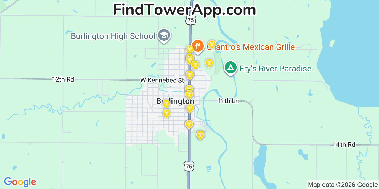 Map showing the 20 primary cell tower locations detected in Burlington, Kansas from AT&T, Verizon, and T-Mobile networks