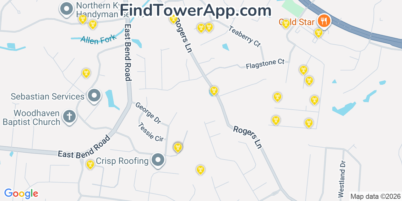 Map showing the 20 primary cell tower locations detected in Burlington, Kentucky from AT&T, Verizon, and T-Mobile networks