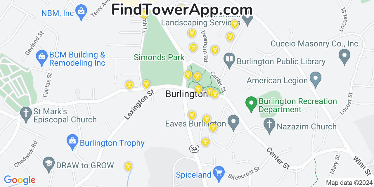 AT&T 4G/5G cell tower coverage map Burlington, Massachusetts