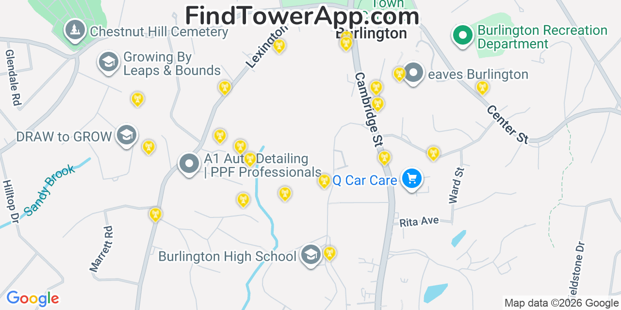 Map showing the 20 primary cell tower locations detected in Burlington, Massachusetts from AT&T, Verizon, and T-Mobile networks