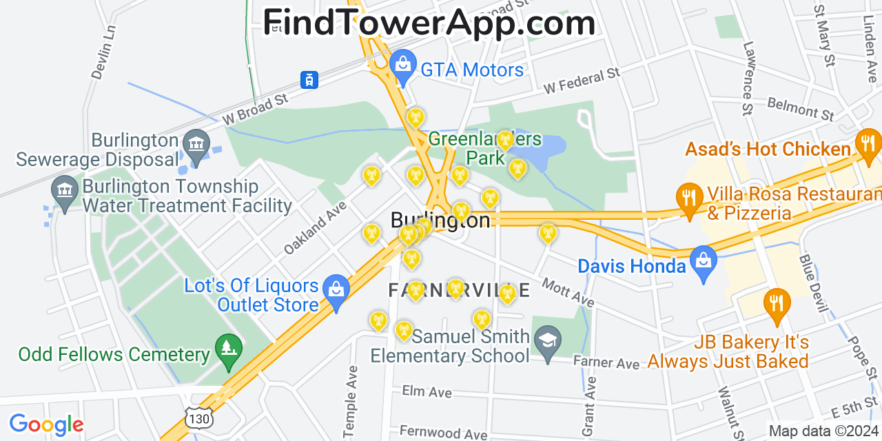 AT&T 4G/5G cell tower coverage map Burlington, New Jersey