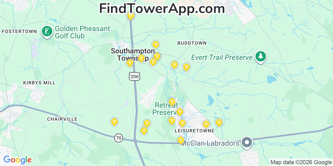 Map showing the 20 primary cell tower locations detected in Burlington, New Jersey from AT&T, Verizon, and T-Mobile networks