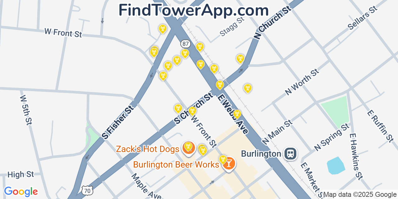 Map showing the 20 primary cell tower locations detected in Burlington, North Carolina from AT&T, Verizon, and T-Mobile networks