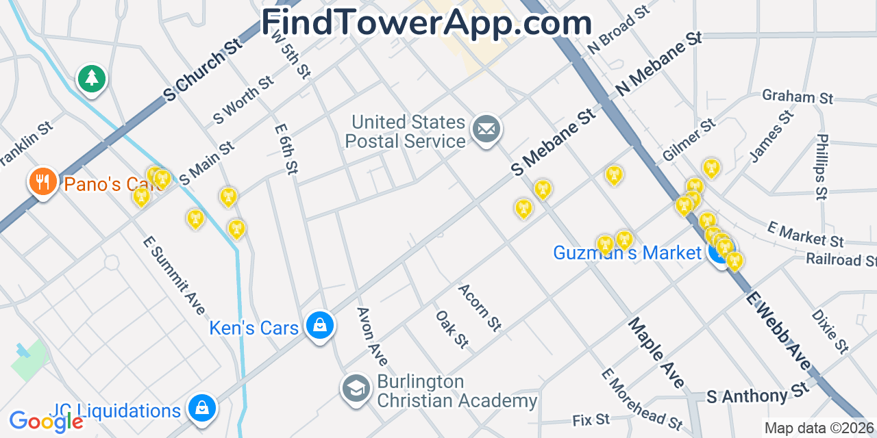 Map showing the 20 primary cell tower locations detected in Burlington, North Carolina from AT&T, Verizon, and T-Mobile networks