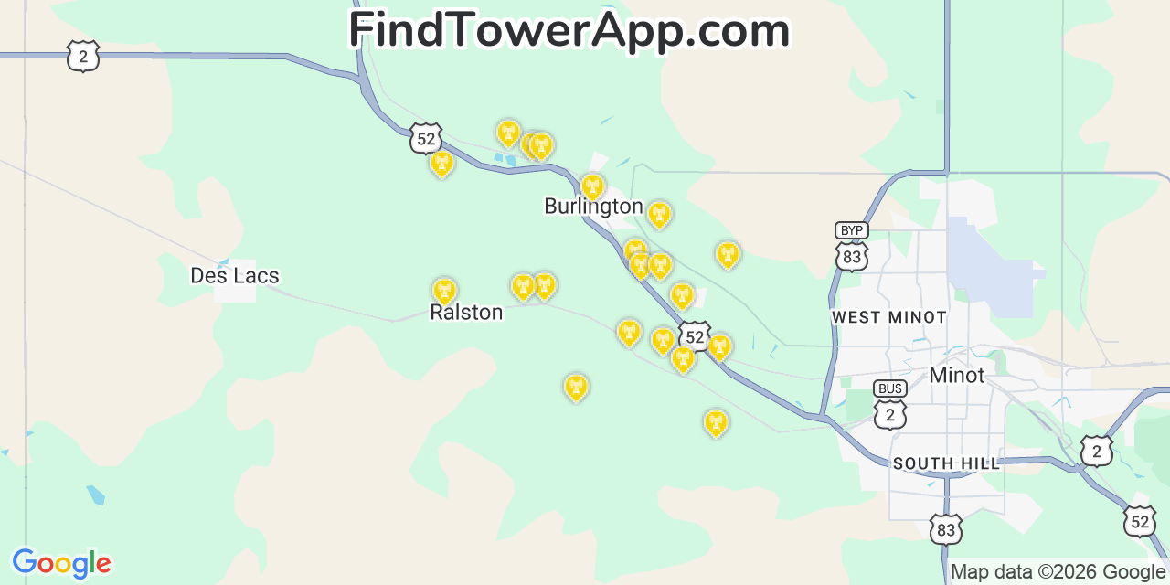 Map showing the 20 primary cell tower locations detected in Burlington, North Dakota from AT&T, Verizon, and T-Mobile networks