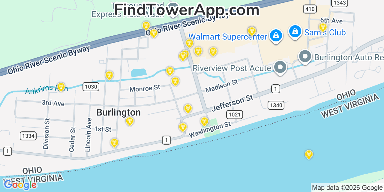 Map showing the 20 primary cell tower locations detected in Burlington, Ohio from AT&T, Verizon, and T-Mobile networks