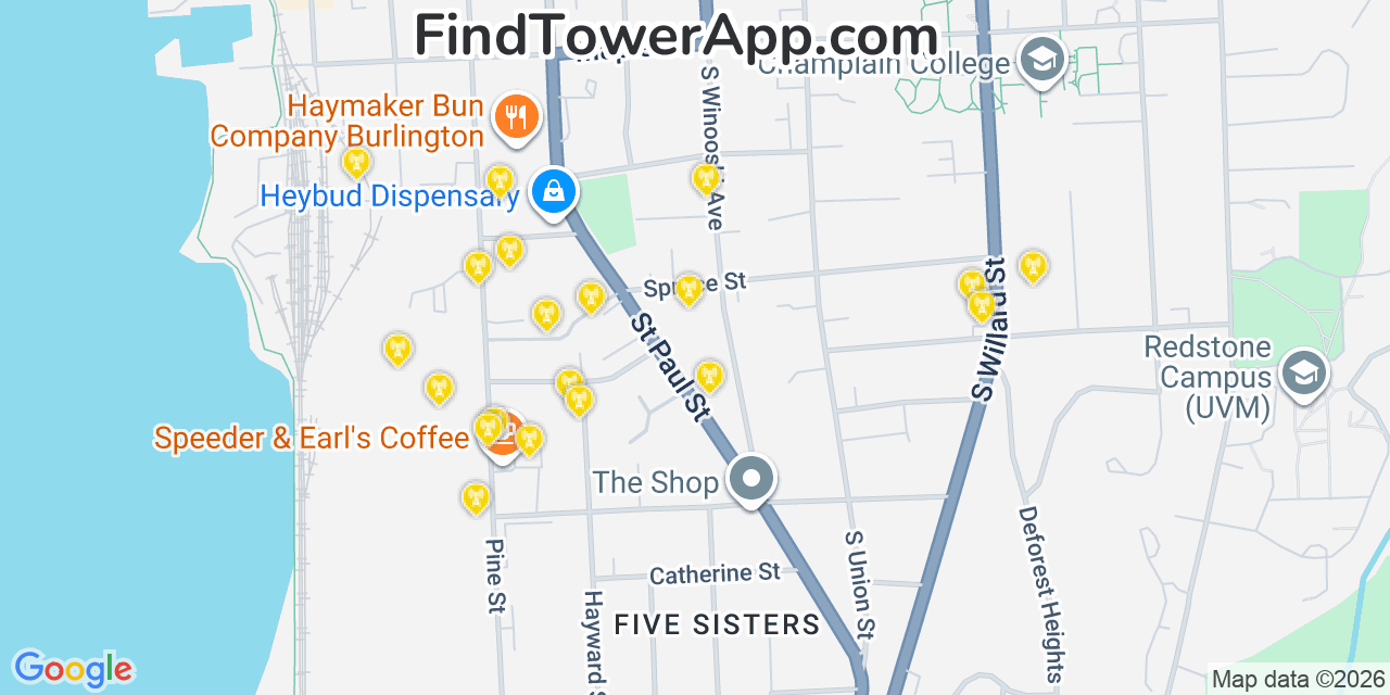 Map showing the 20 primary cell tower locations detected in Burlington, Vermont from AT&T, Verizon, and T-Mobile networks