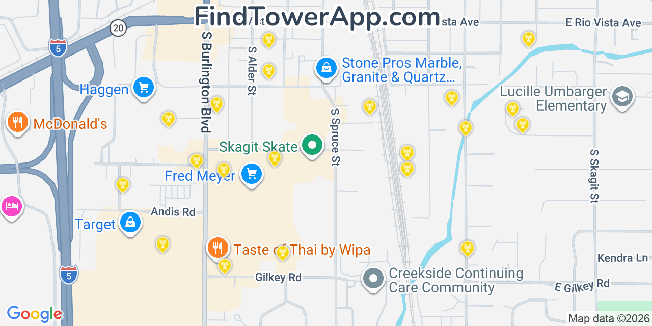 Map showing the 20 primary cell tower locations detected in Burlington, Washington from AT&T, Verizon, and T-Mobile networks