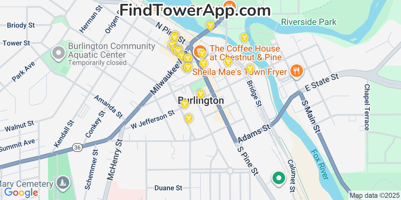 Map showing the 20 primary cell tower locations detected in Burlington, Wisconsin from AT&T, Verizon, and T-Mobile networks