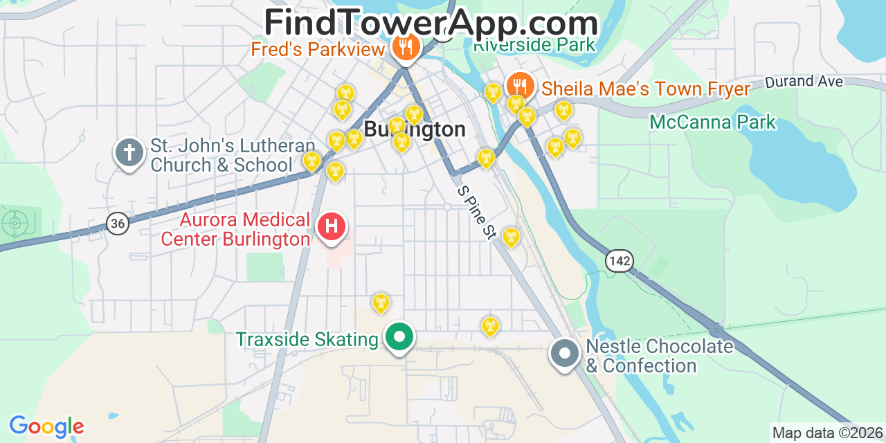 Map showing the 20 primary cell tower locations detected in Burlington, Wisconsin from AT&T, Verizon, and T-Mobile networks