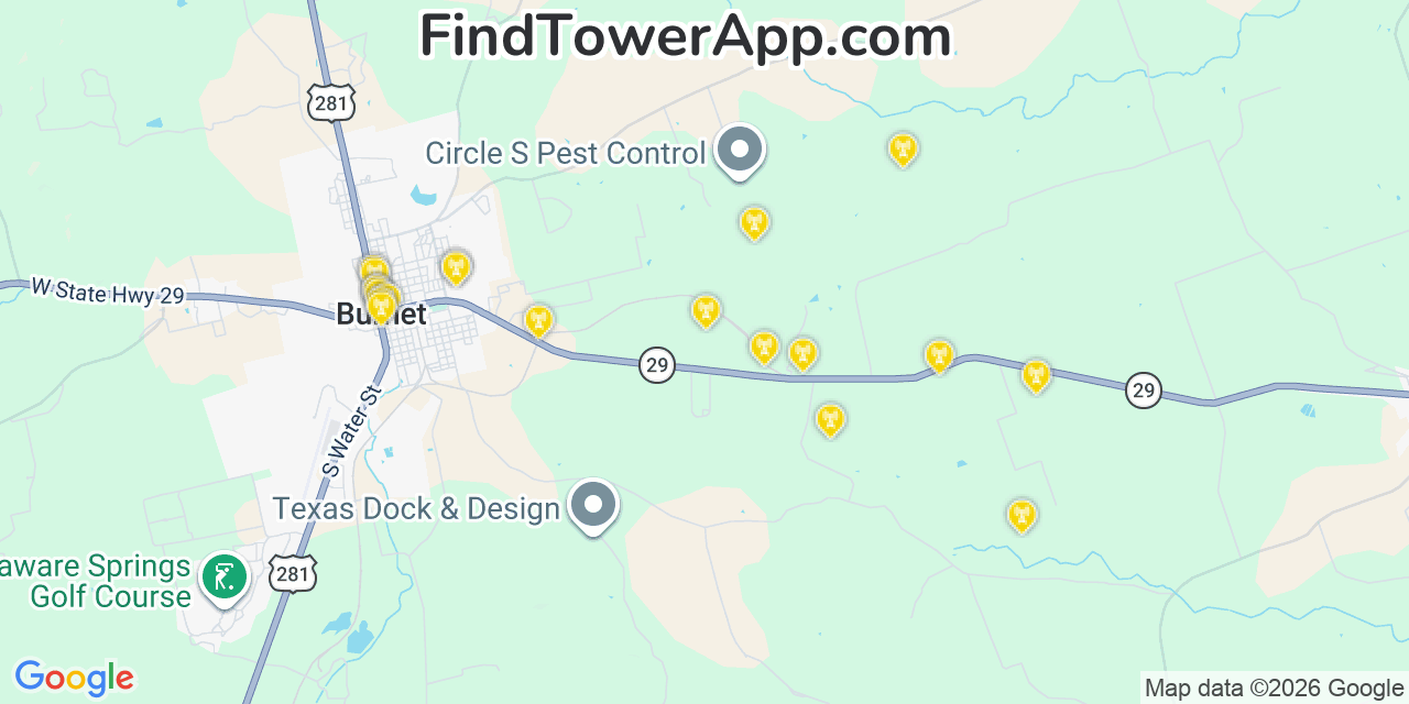 Map showing the 20 primary cell tower locations detected in Burnet, Texas from AT&T, Verizon, and T-Mobile networks