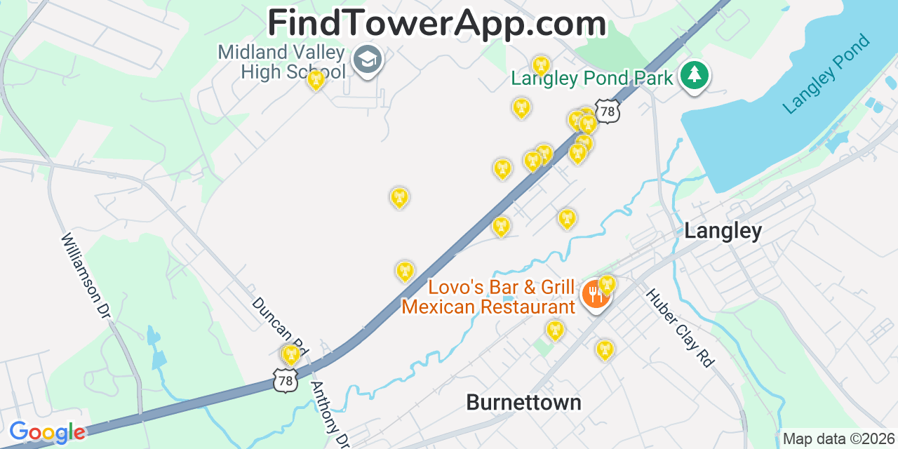 Map showing the 20 primary cell tower locations detected in Burnettown, South Carolina from AT&T, Verizon, and T-Mobile networks