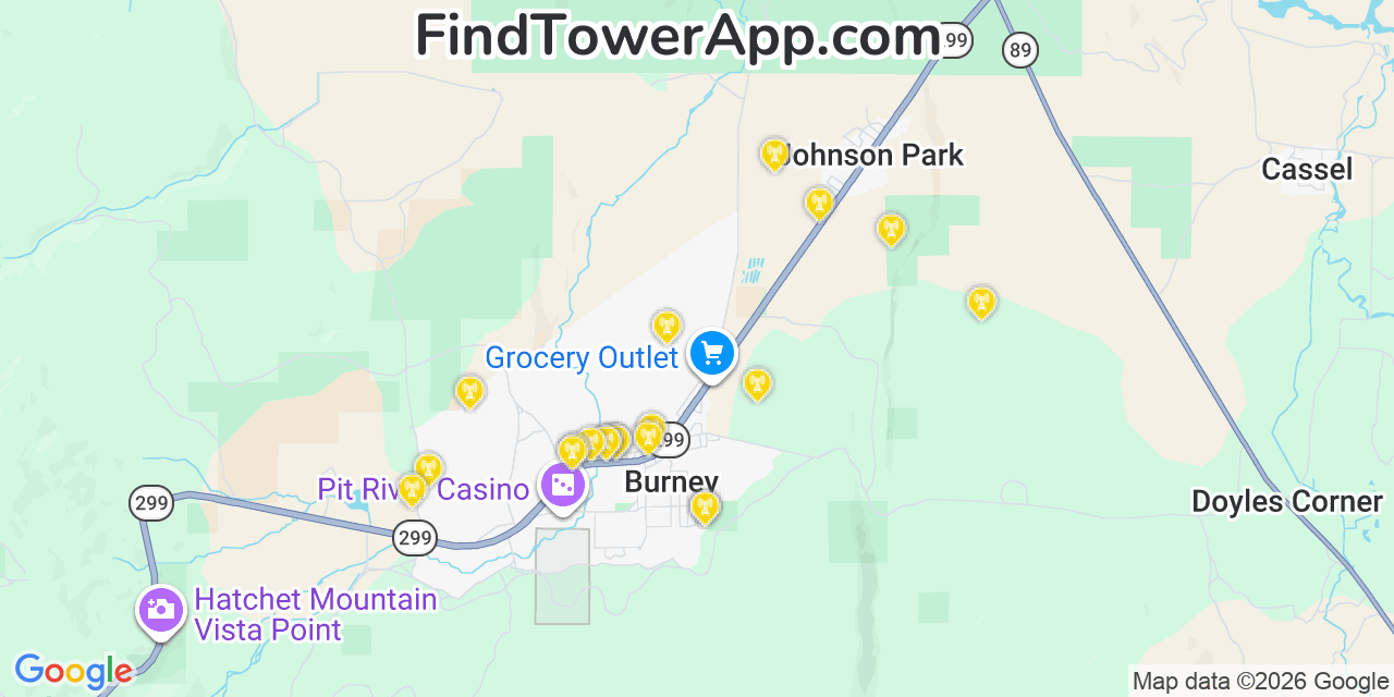 Map showing the 20 primary cell tower locations detected in Burney, California from AT&T, Verizon, and T-Mobile networks