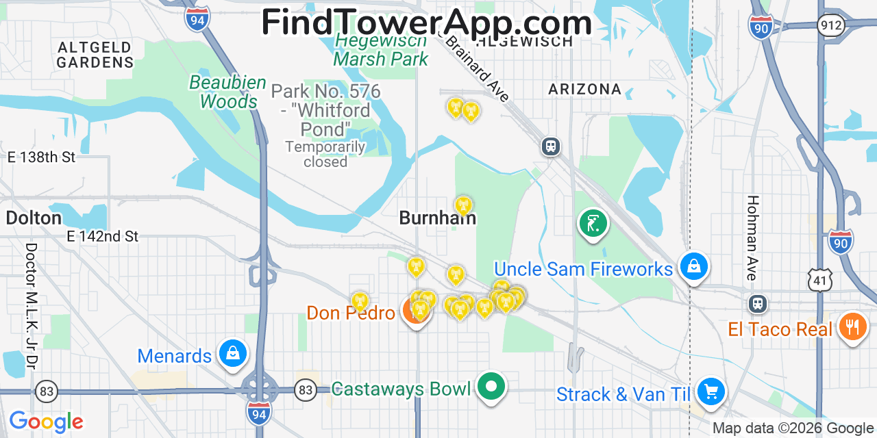Map showing the 20 primary cell tower locations detected in Burnham, Illinois from AT&T, Verizon, and T-Mobile networks
