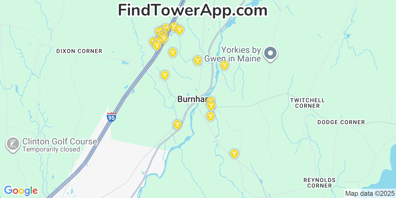 Map showing the 20 primary cell tower locations detected in Burnham, Maine from AT&T, Verizon, and T-Mobile networks