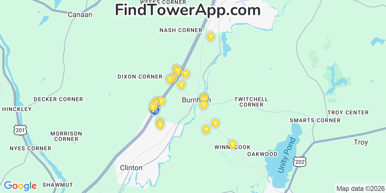 Map showing the 20 primary cell tower locations detected in Burnham, Maine from AT&T, Verizon, and T-Mobile networks