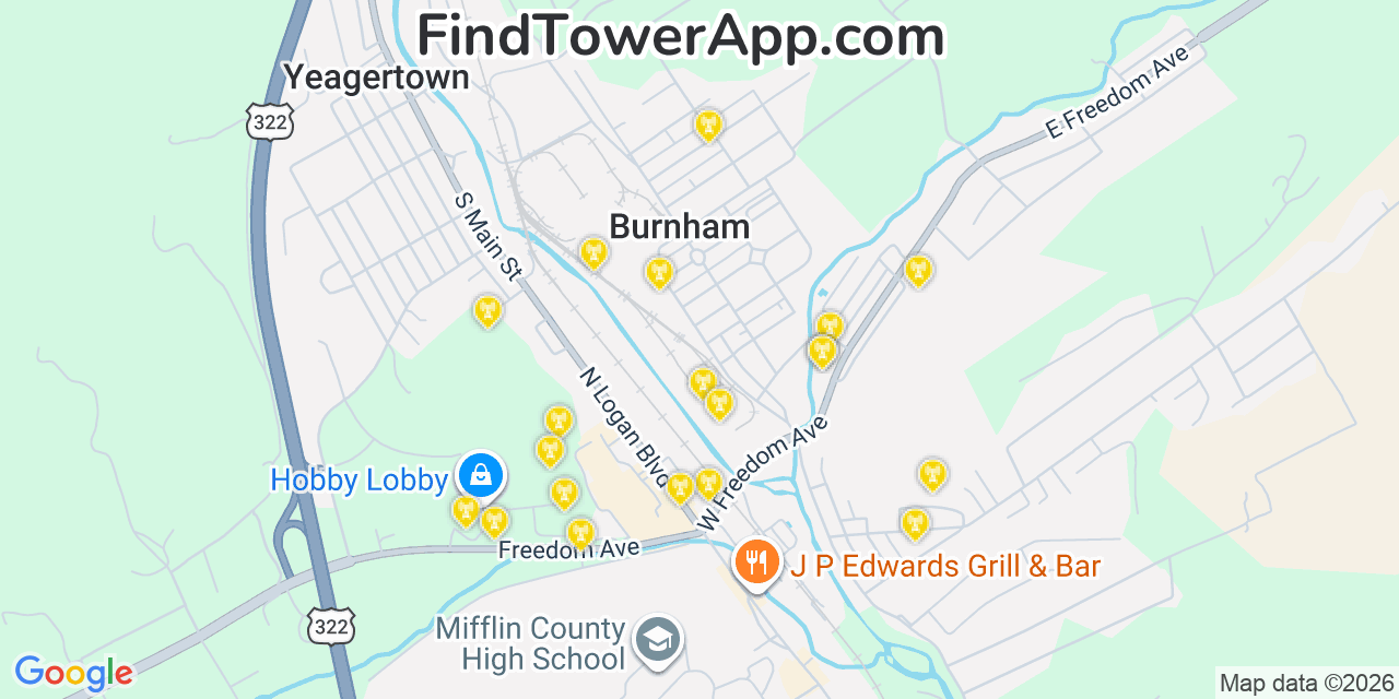 Map showing the 20 primary cell tower locations detected in Burnham, Pennsylvania from AT&T, Verizon, and T-Mobile networks