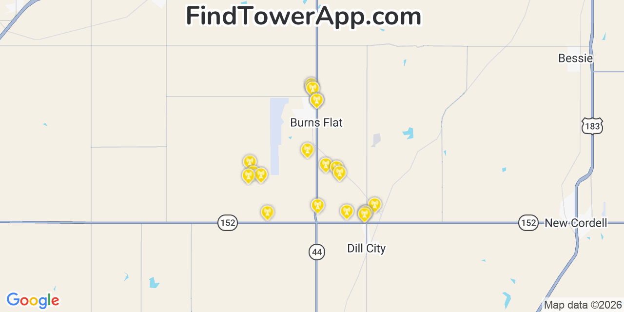 Map showing the 20 primary cell tower locations detected in Burns Flat, Oklahoma from AT&T, Verizon, and T-Mobile networks