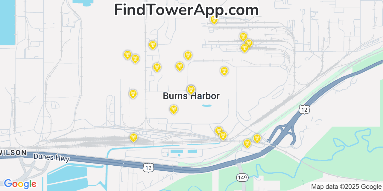 Map showing the 20 primary cell tower locations detected in Burns Harbor, Indiana from AT&T, Verizon, and T-Mobile networks