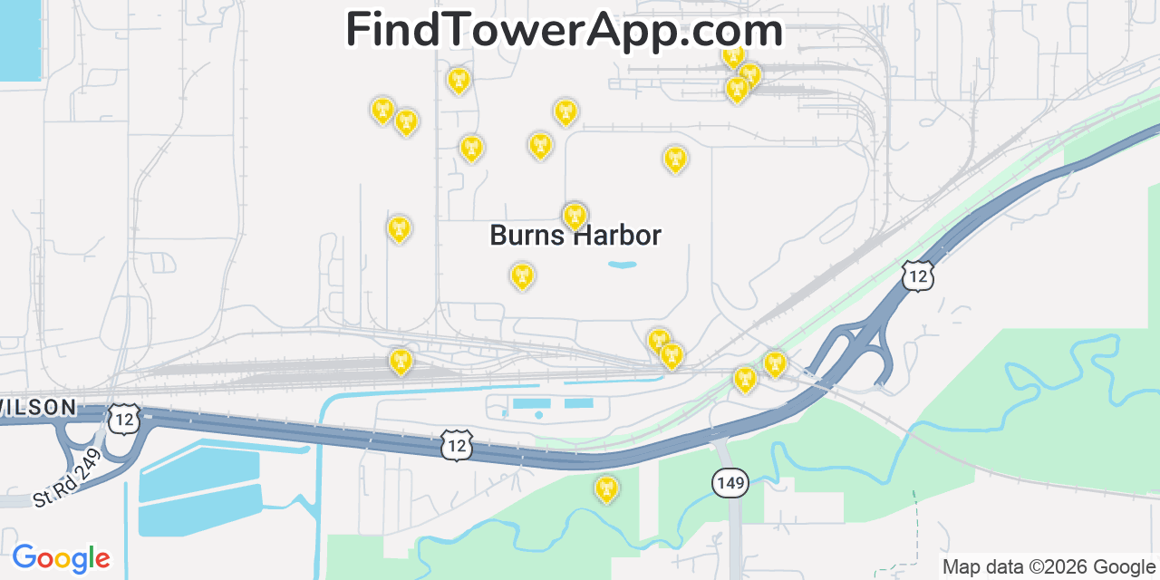Map showing the 20 primary cell tower locations detected in Burns Harbor, Indiana from AT&T, Verizon, and T-Mobile networks