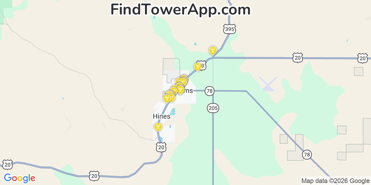 Map showing the 20 primary cell tower locations detected in Burns, Oregon from AT&T, Verizon, and T-Mobile networks