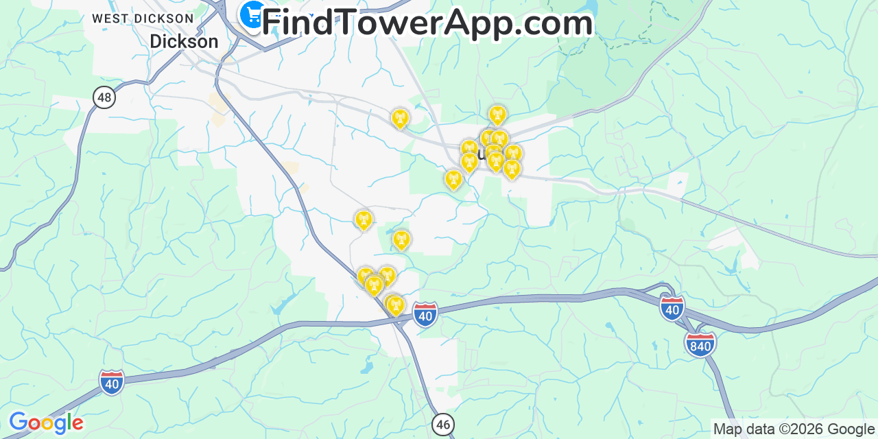 Map showing the 20 primary cell tower locations detected in Burns, Tennessee from AT&T, Verizon, and T-Mobile networks