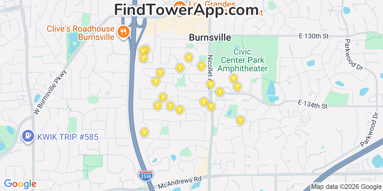 Map showing the 20 primary cell tower locations detected in Burnsville, Minnesota from AT&T, Verizon, and T-Mobile networks