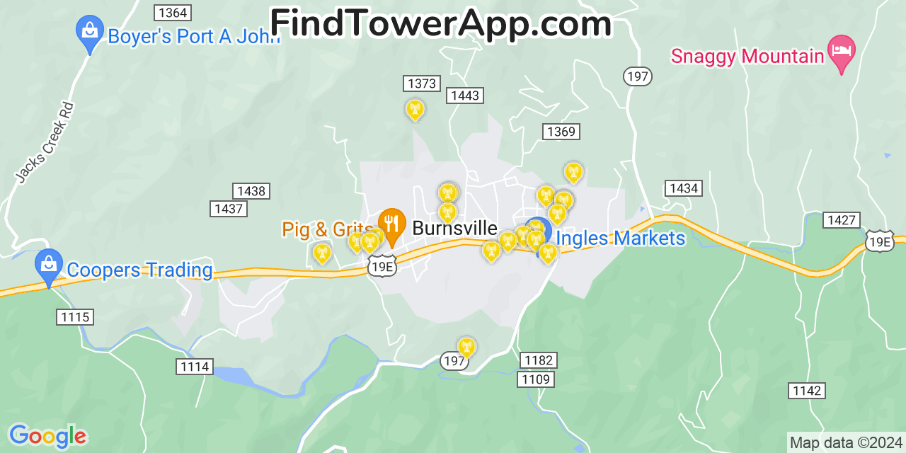 AT&T 4G/5G cell tower coverage map Burnsville, North Carolina