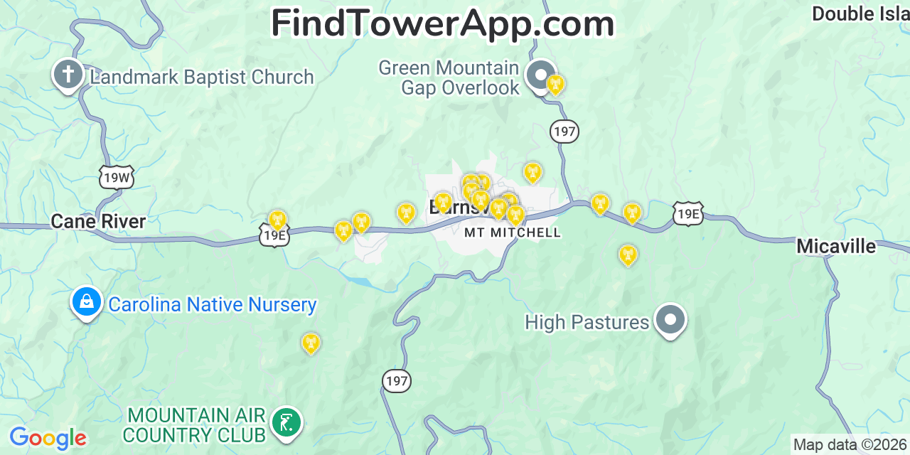 Map showing the 20 primary cell tower locations detected in Burnsville, North Carolina from AT&T, Verizon, and T-Mobile networks