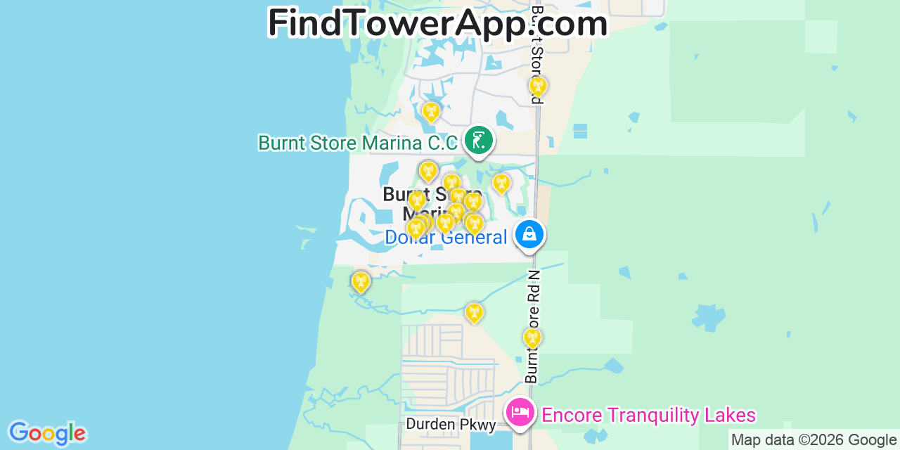 Map showing the 20 primary cell tower locations detected in Burnt Store Marina, Florida from AT&T, Verizon, and T-Mobile networks