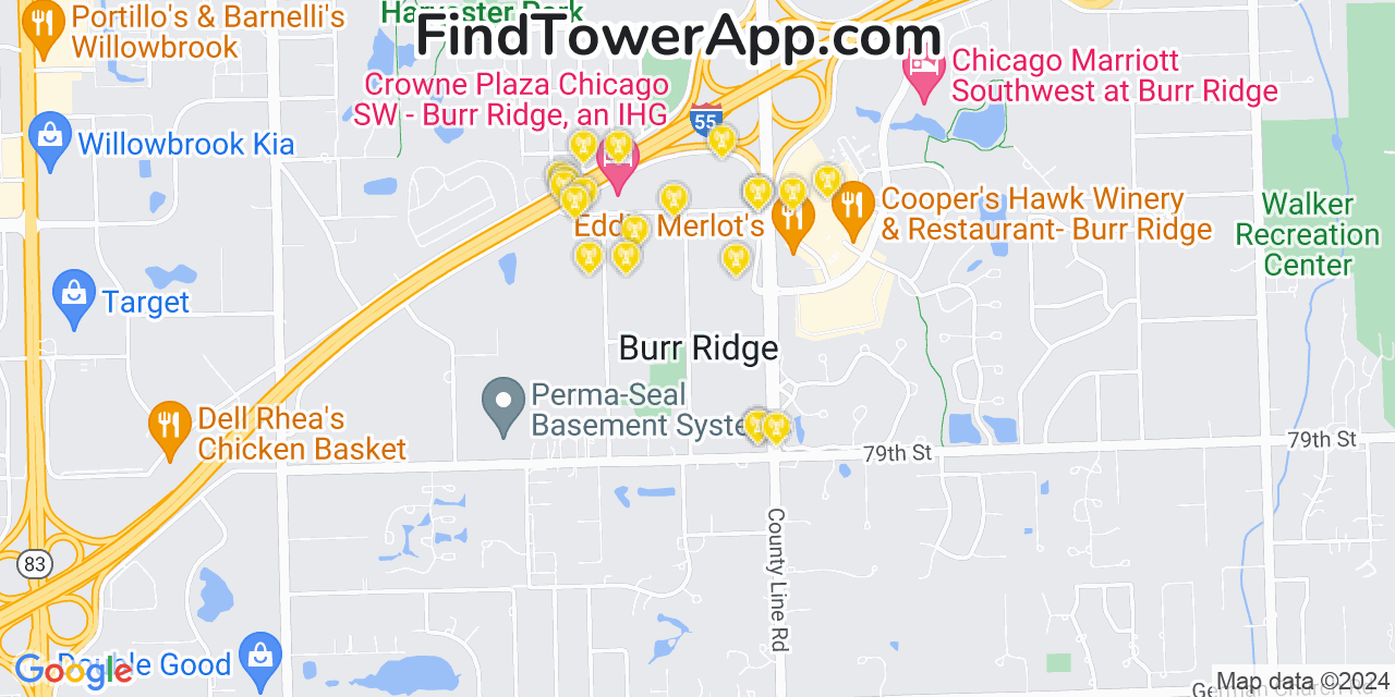 AT&T 4G/5G cell tower coverage map Burr Ridge, Illinois