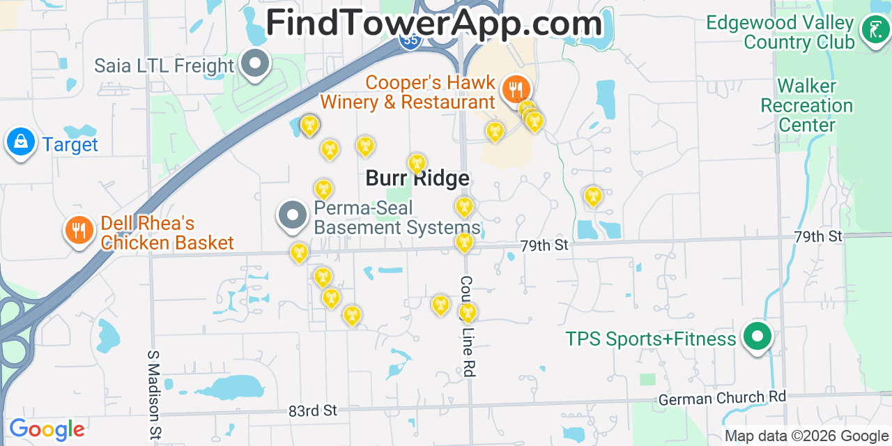 Map showing the 20 primary cell tower locations detected in Burr Ridge, Illinois from AT&T, Verizon, and T-Mobile networks