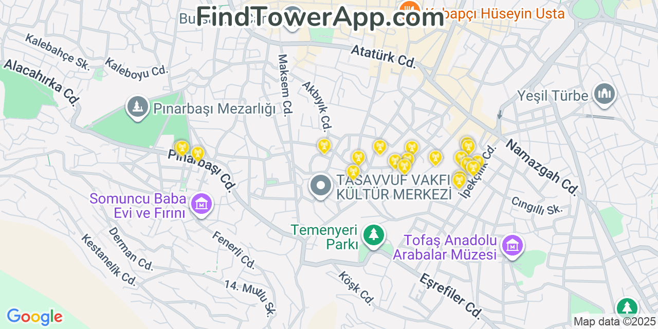 Map showing the 20 primary cell tower locations detected in Bursa, Turkey with coverage areas and signal strength