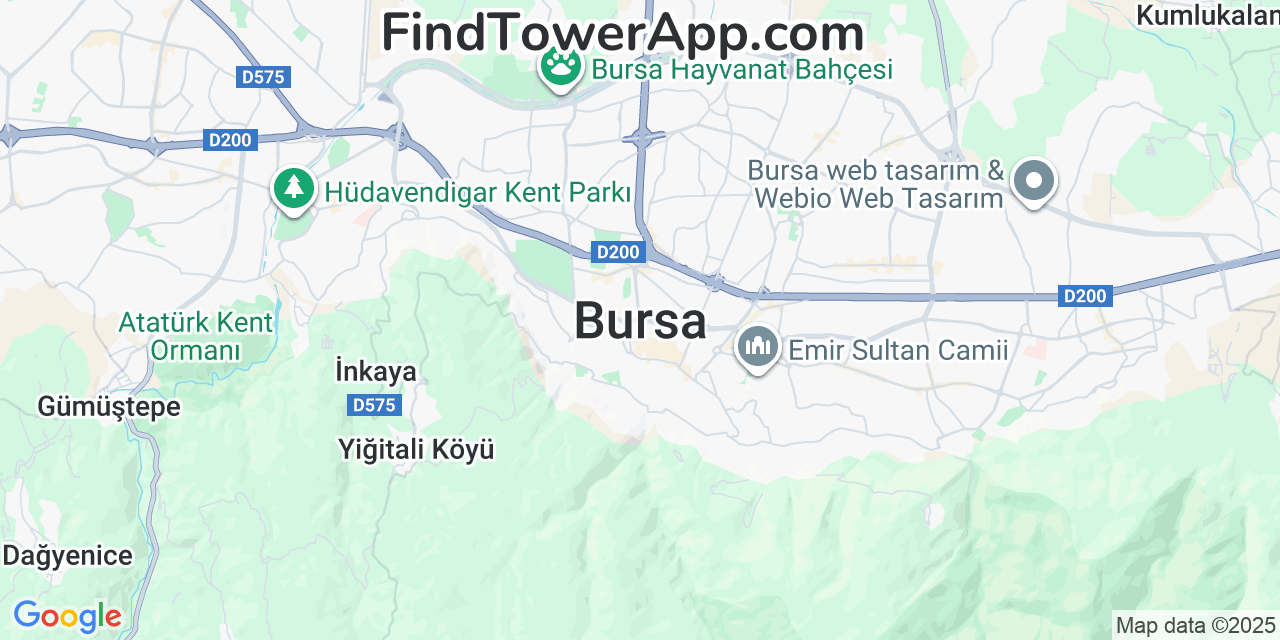 Map showing the 0 primary Türk-Telekom cell tower locations detected in Bursa, Turkey with coverage radius and signal strength indicators