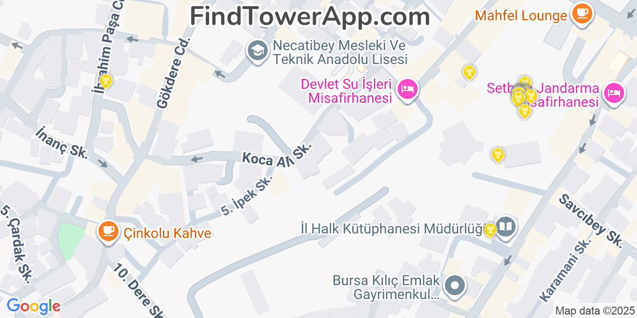 Map showing the 20 primary Türk Telekom cell tower locations in Bursa, Turkey