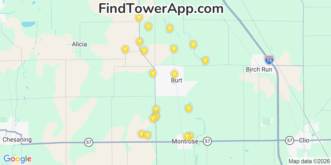 Map showing the 20 primary cell tower locations detected in Burt, Michigan from AT&T, Verizon, and T-Mobile networks