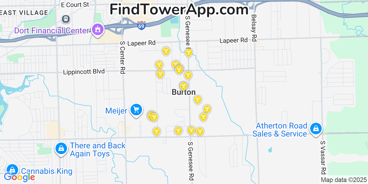 Map showing the 20 primary cell tower locations detected in Burton, Michigan from AT&T, Verizon, and T-Mobile networks
