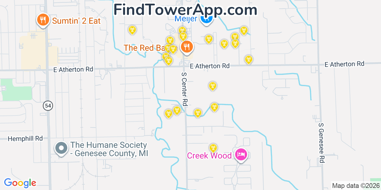 Map showing the 20 primary cell tower locations detected in Burton, Michigan from AT&T, Verizon, and T-Mobile networks