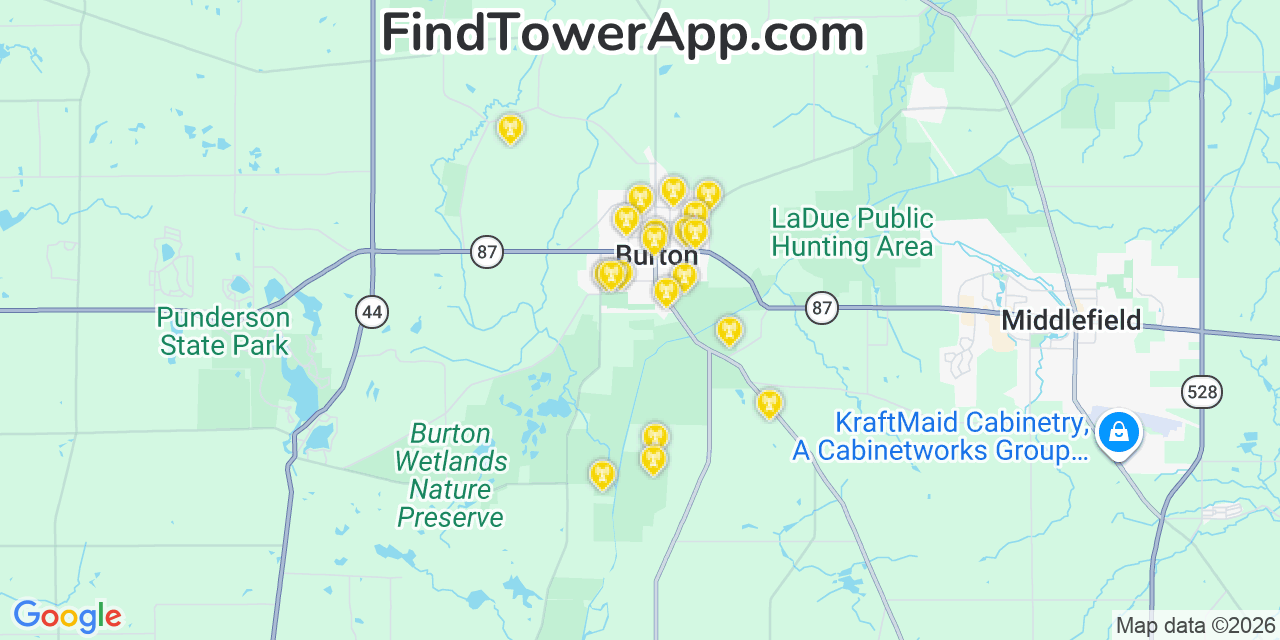 Map showing the 20 primary cell tower locations detected in Burton, Ohio from AT&T, Verizon, and T-Mobile networks