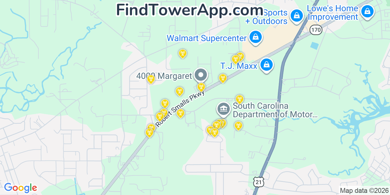 Map showing the 20 primary cell tower locations detected in Burton, South Carolina from AT&T, Verizon, and T-Mobile networks