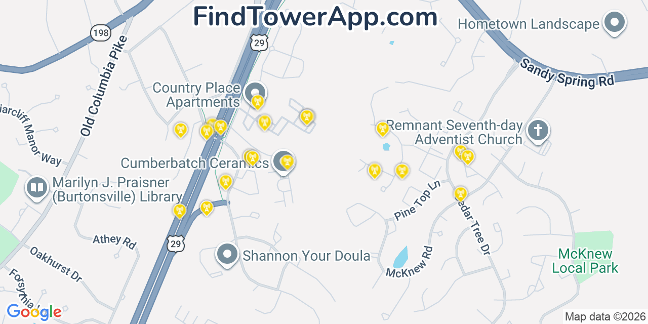 Map showing the 20 primary cell tower locations detected in Burtonsville, Maryland from AT&T, Verizon, and T-Mobile networks